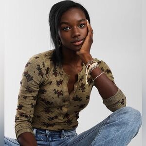 NWOT Free People Olive Floral Long Sleeve Henley Top